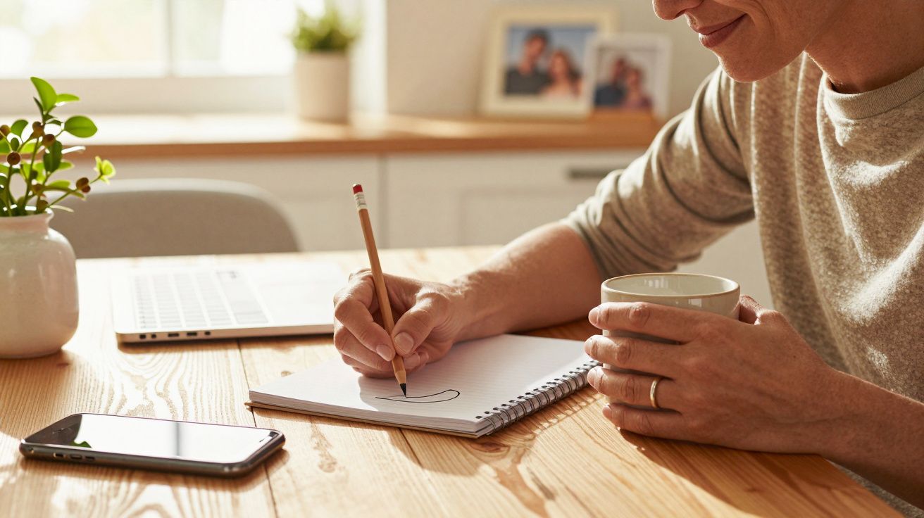Pessoa escreve num bloco de notas, segurando uma caneca. Há um telemóvel, planta e portátil na mesa.