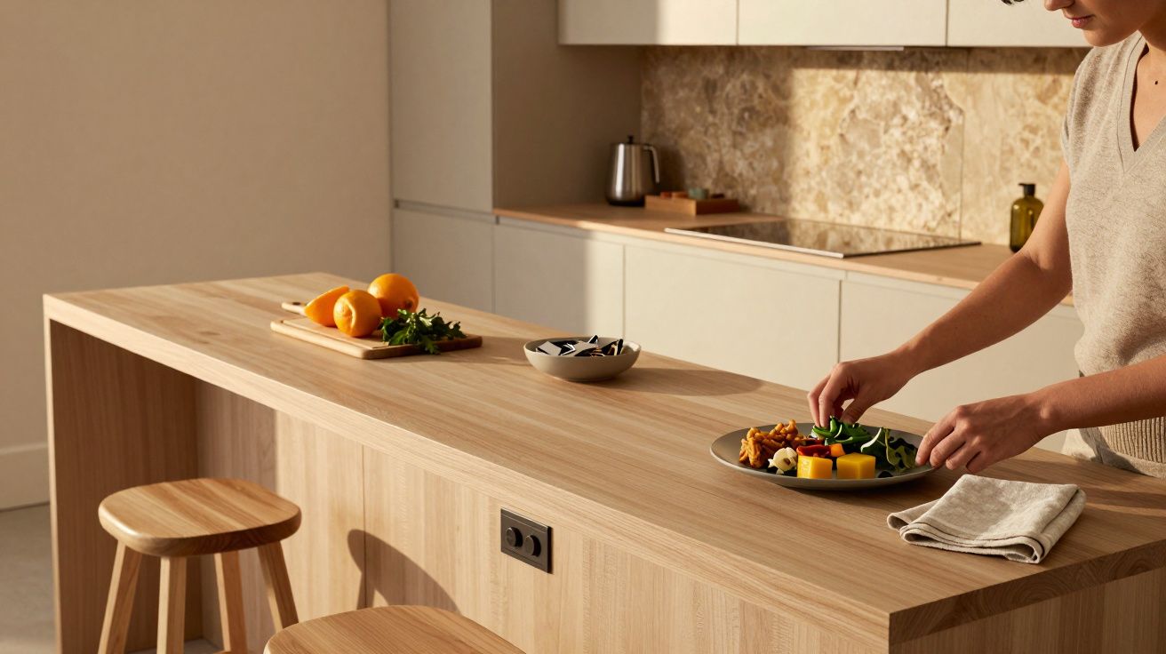 Mulher preparando um prato com vegetais numa cozinha moderna com bancada de madeira clara e utensílios ao fundo.