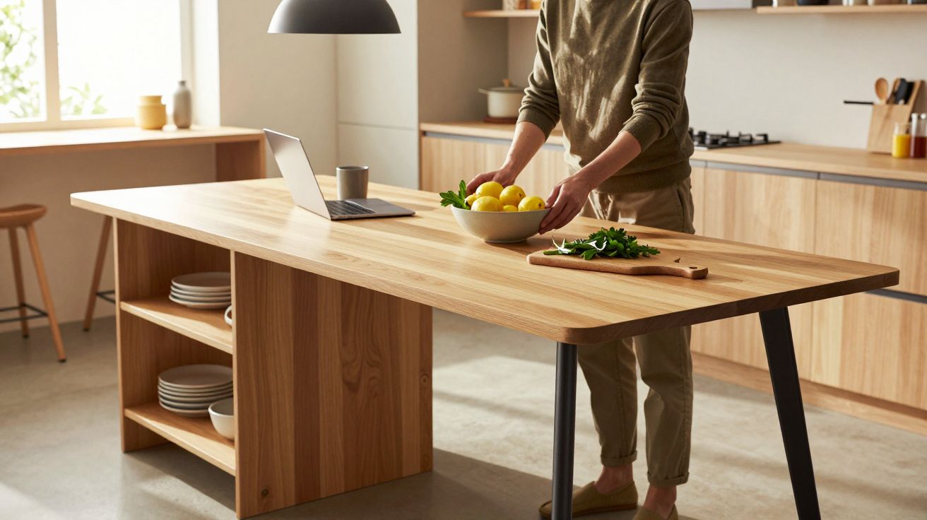 Pessoa prepara ingredientes numa cozinha moderna com bancada de madeira, portátil e jarra visíveis.