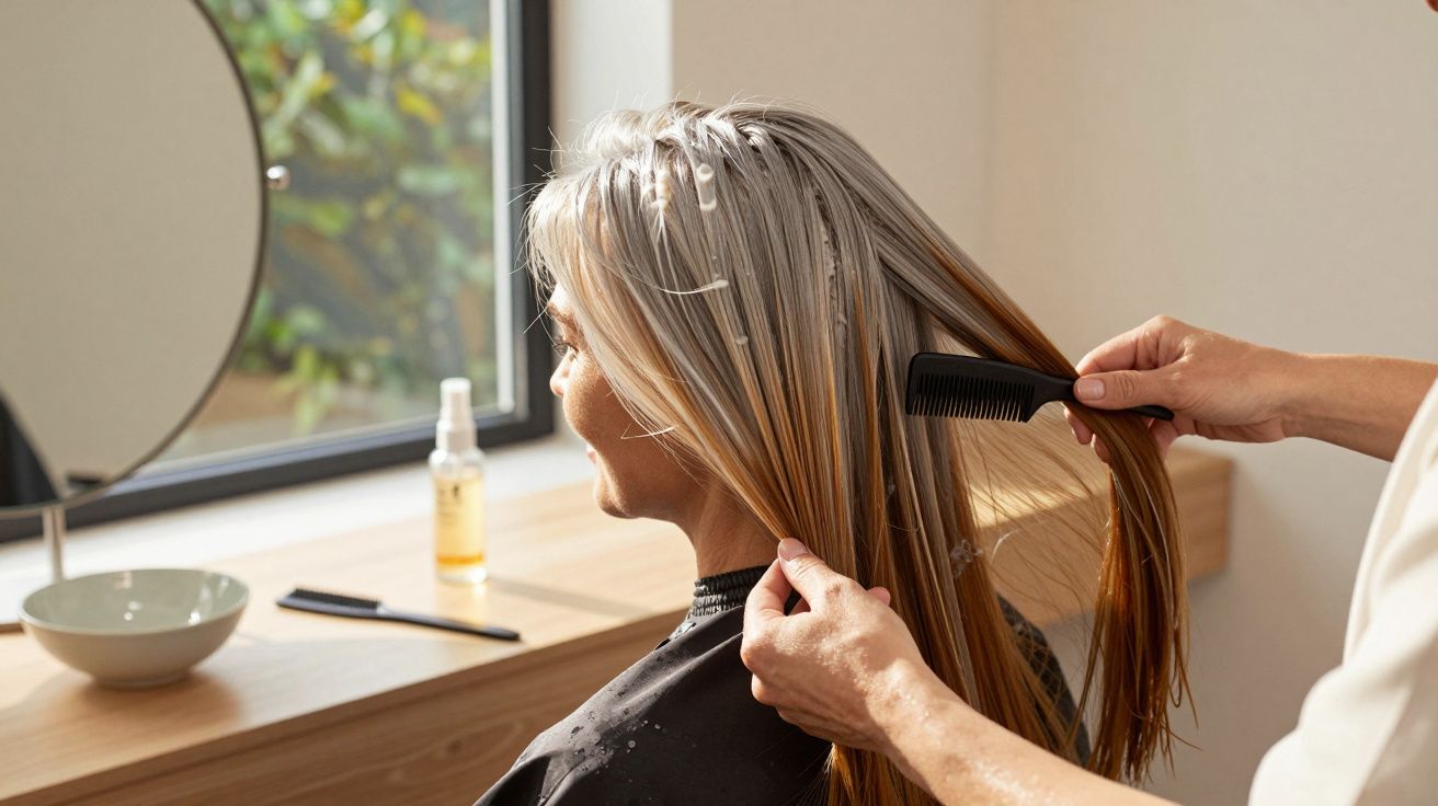 Pessoa a pentear cabelo molhado num salão de cabeleireiro com espelho e produtos capilares ao fundo.