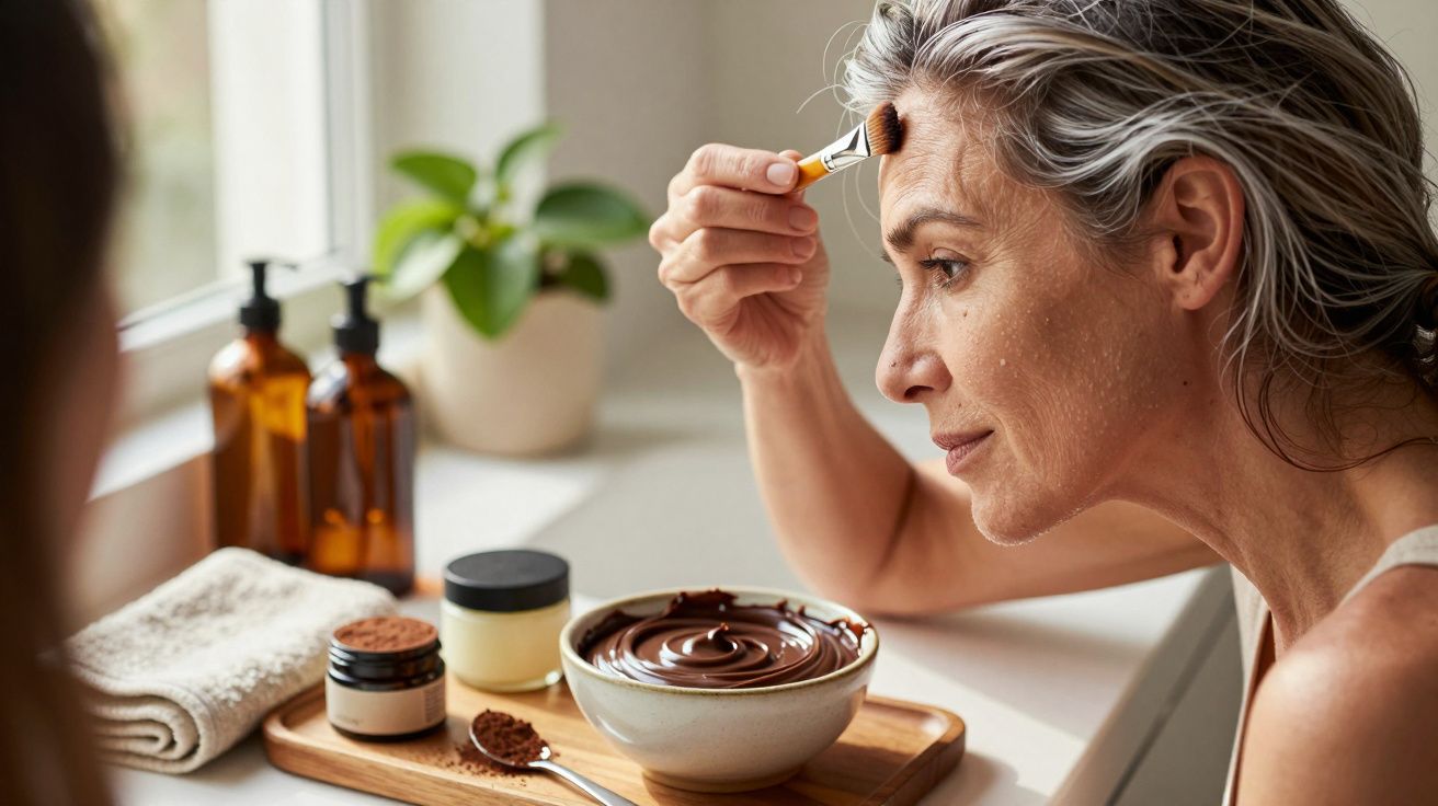 Mulher aplicando máscara facial de chocolate com pincel, potes e toalha ao fundo.
