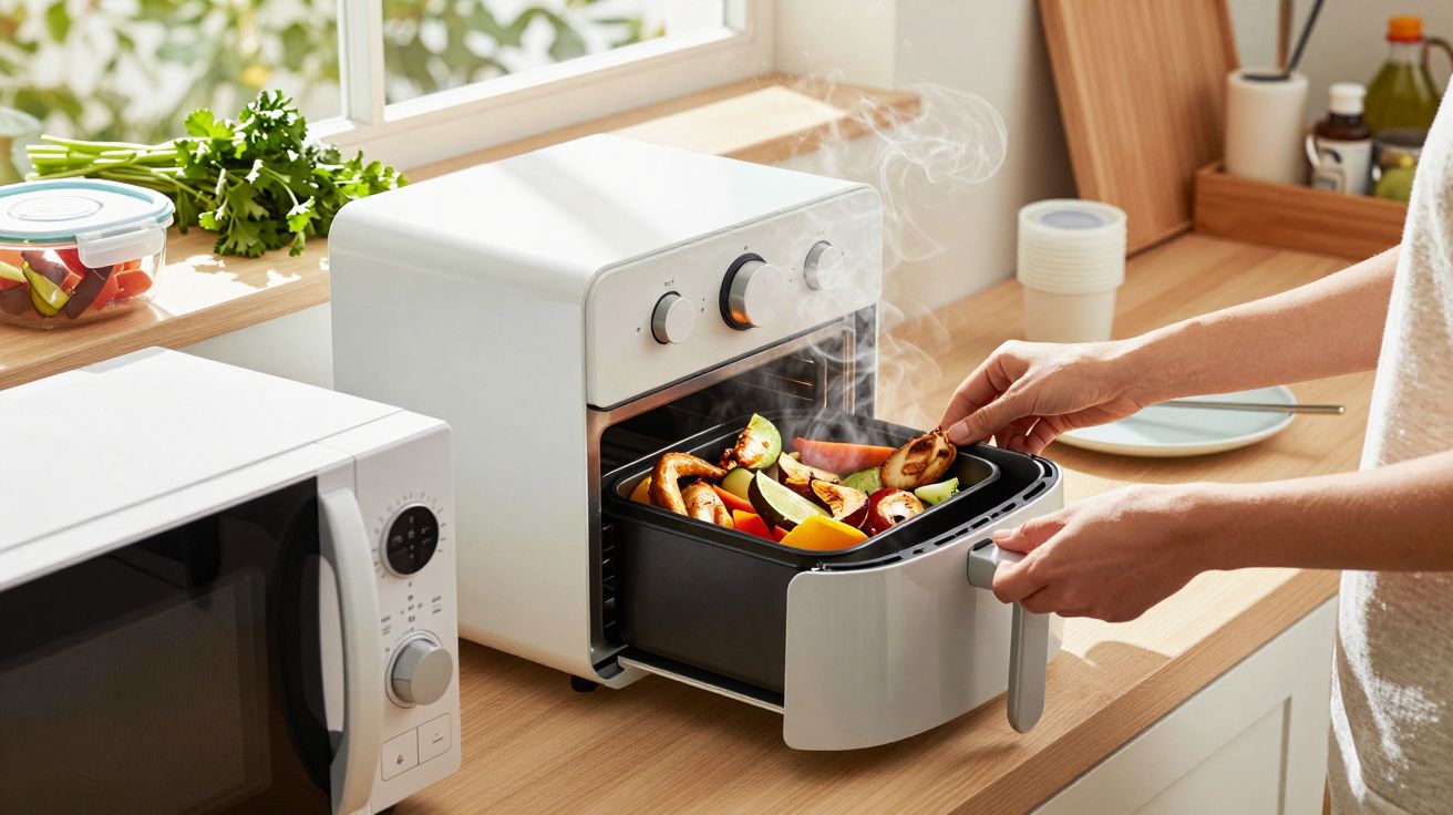 Pessoa a retirar tabuleiro de legumes assados do mini forno na cozinha bem iluminada.