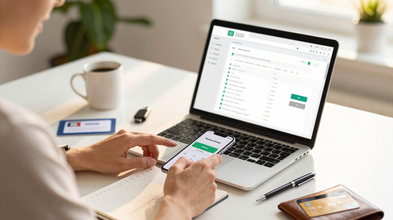 Pessoa a usar um telemóvel e portátil numa secretária, com chávena, caderno e carteira visíveis.