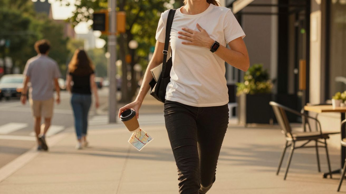 Mulher a correr na calçada com café na mão, mapa e mochila ao ombro.