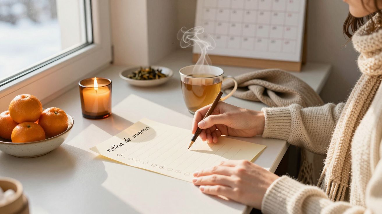 Pessoa escreve numa lista "rotina de inverno" junto a uma vela acesa, taça de chá e tangerinas numa mesa junto à janela.