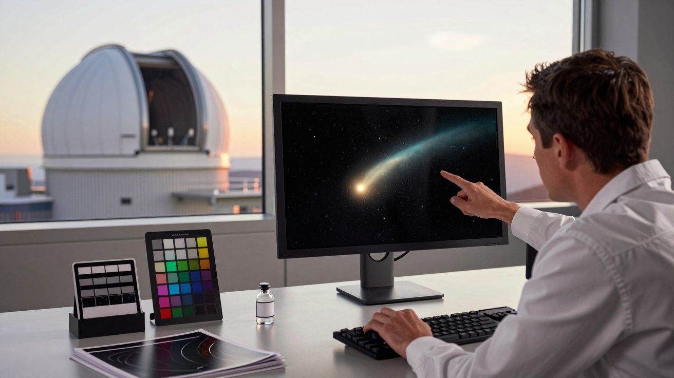 Homem aponta para imagem de cometa no ecrã do computador, com observatório ao fundo.