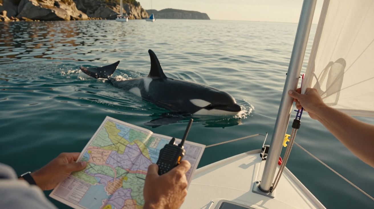Orca a nadar ao lado de um veleiro, pessoa segura um mapa e rádio numa paisagem marítima calma.