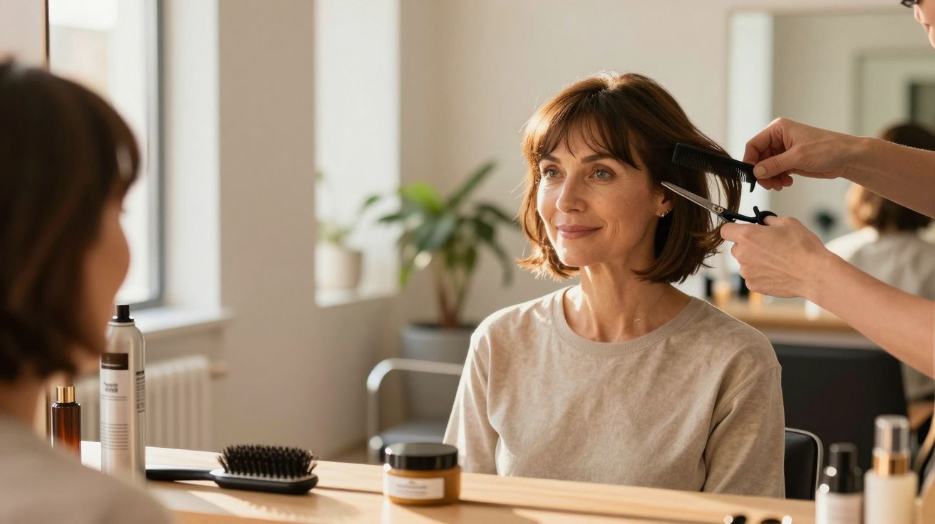 Mulher sorrindo no cabeleireiro, enquanto profissional corta e estiliza o seu cabelo castanho curto.