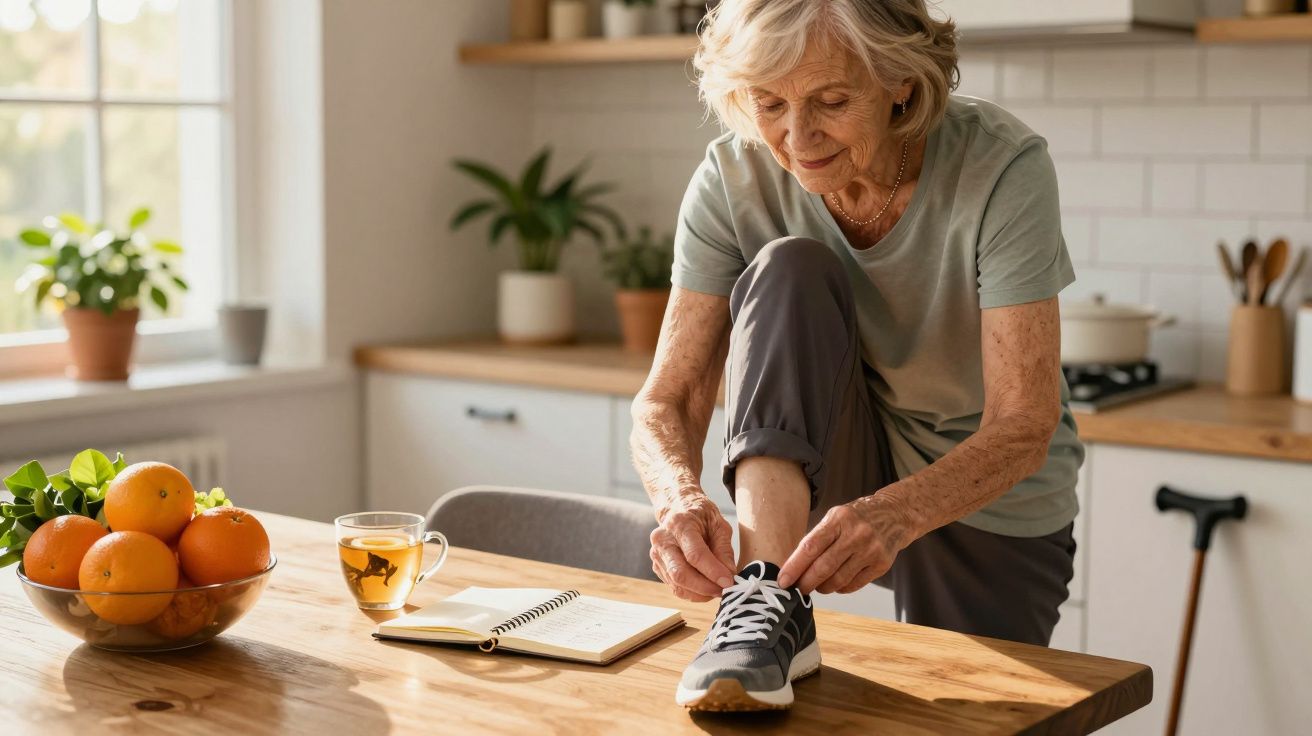 Idosa a atar os atacadores das sapatilhas, junto a uma mesa com livro, chávena de chá e tigela de laranjas.
