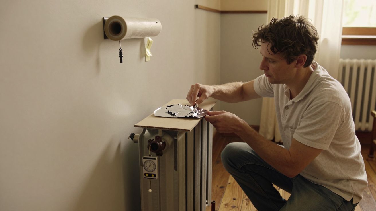 Homem em pé ao lado de um aquecedor na sala, ajustando uma peça de papel em cima dele.