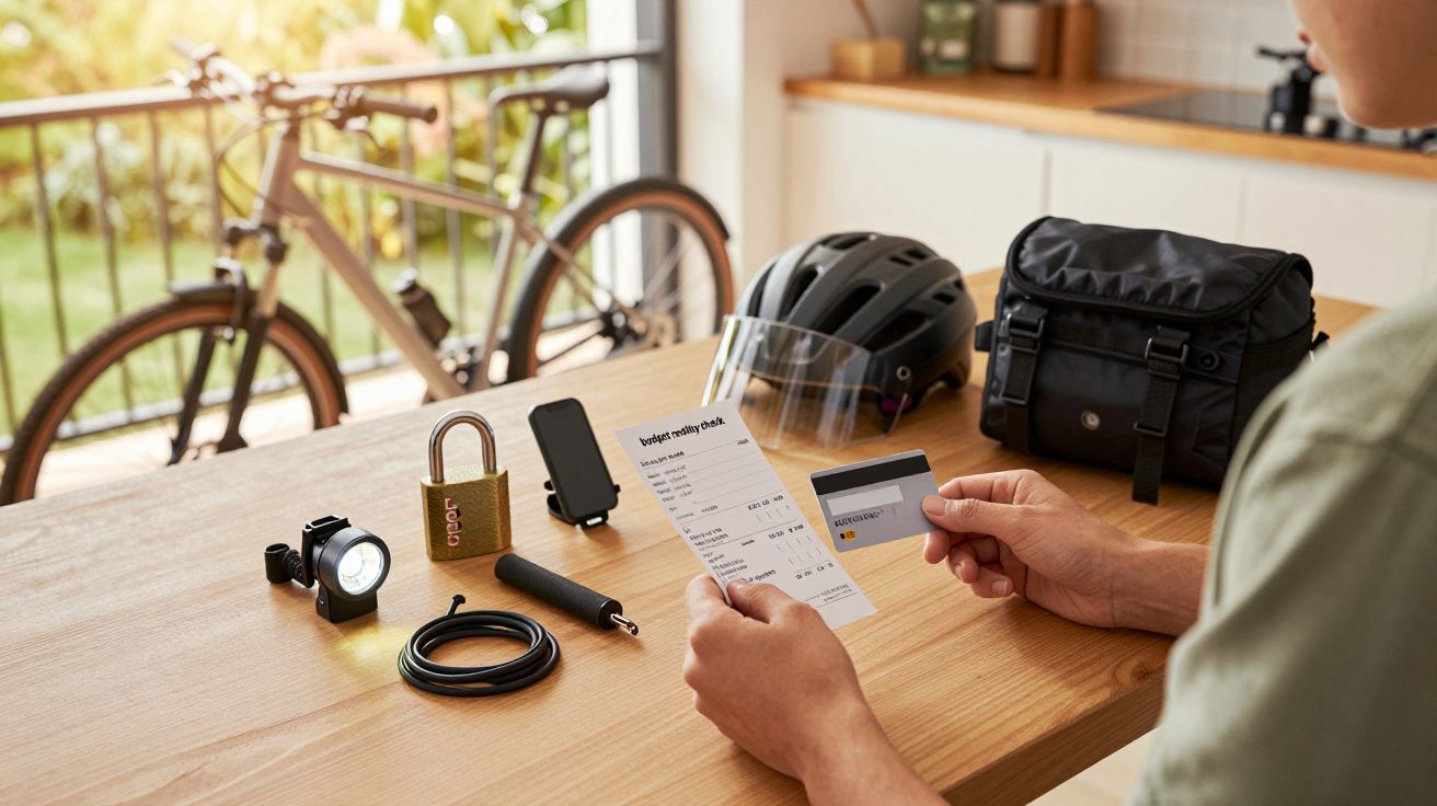 Pessoa segura recibo e cartão de crédito em mesa com acessórios de bicicleta. Bicicleta ao fundo junto a uma janela.