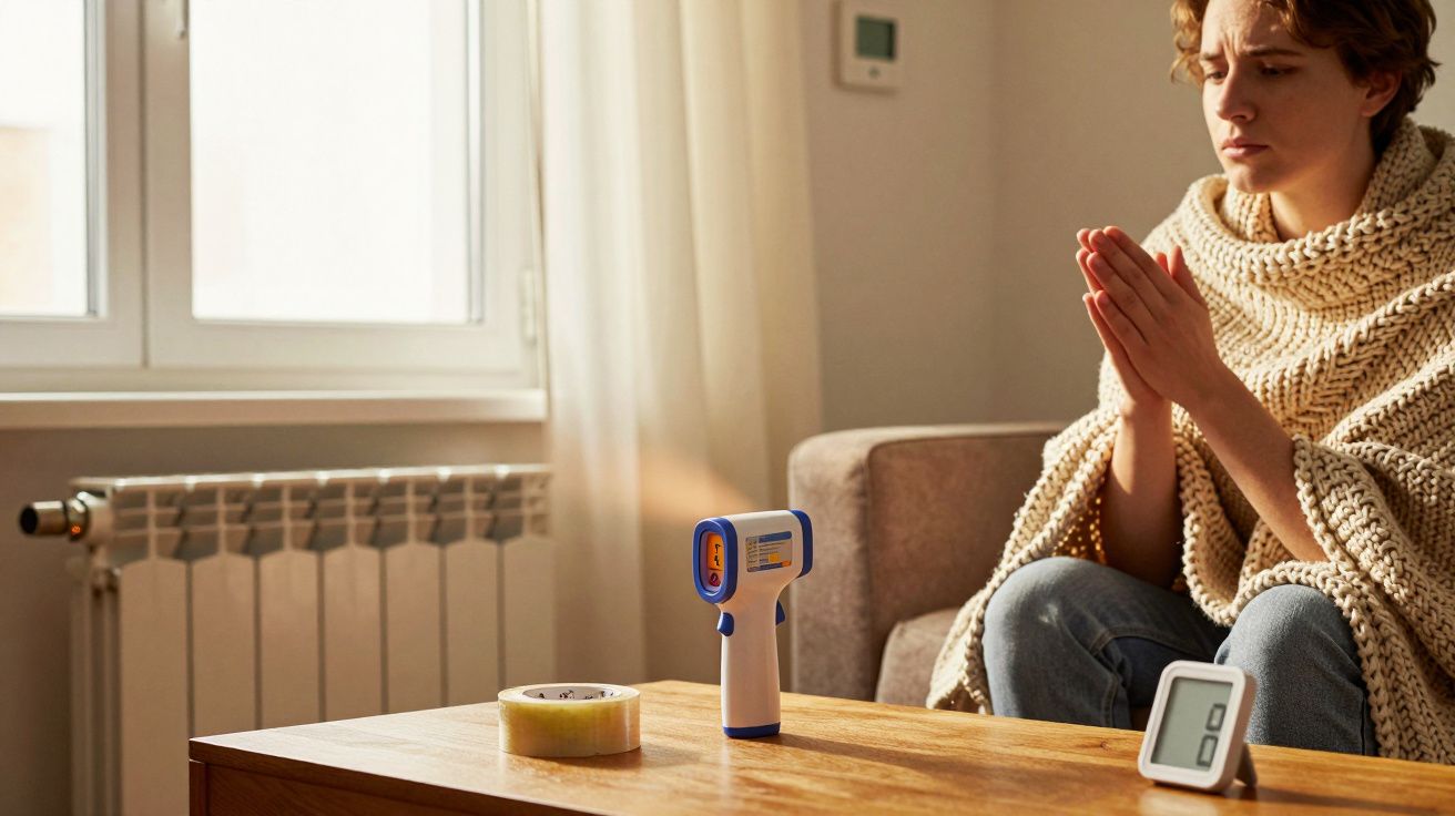 Mulher agasalhada sentada no sofá, aquecedor ligado, termómetro e medidor digital na mesa, em ambiente acolhedor.