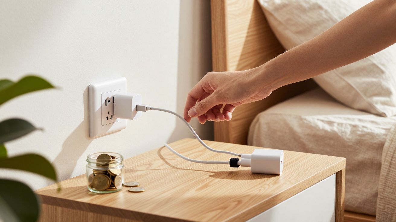 Pessoa a ligar um carregador numa tomada junto a uma mesa de cabeceira com moedas num frasco.