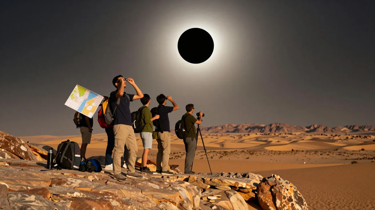 Grupo observa eclipse solar no deserto, com mapa e equipamentos.