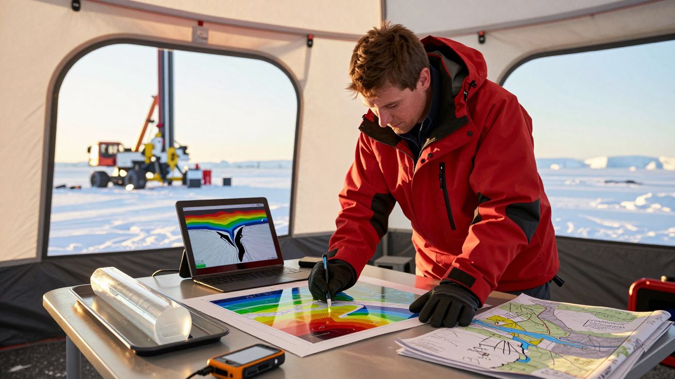 Homem analisa mapas e gráficos coloridos numa tenda no Ártico, com neve e equipamento de furação ao fundo.