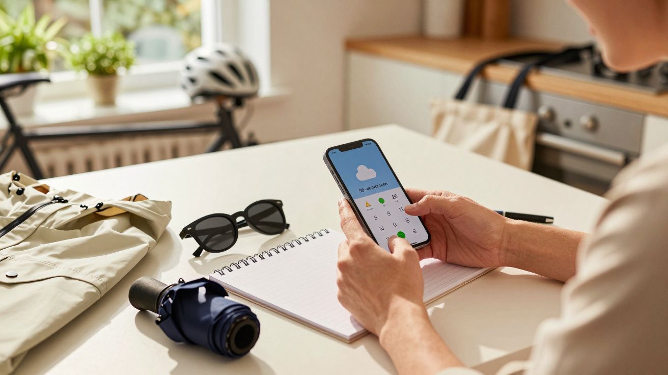 Pessoa usando smartphone, num balcão com bloco de notas, óculos de sol e capa de chuva, com bicicleta ao fundo.
