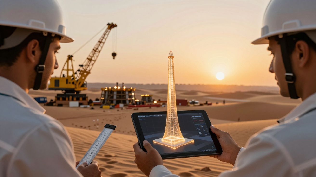 Dois engenheiros observam projeto de torre em tablet no deserto, com obras e pôr do sol ao fundo.