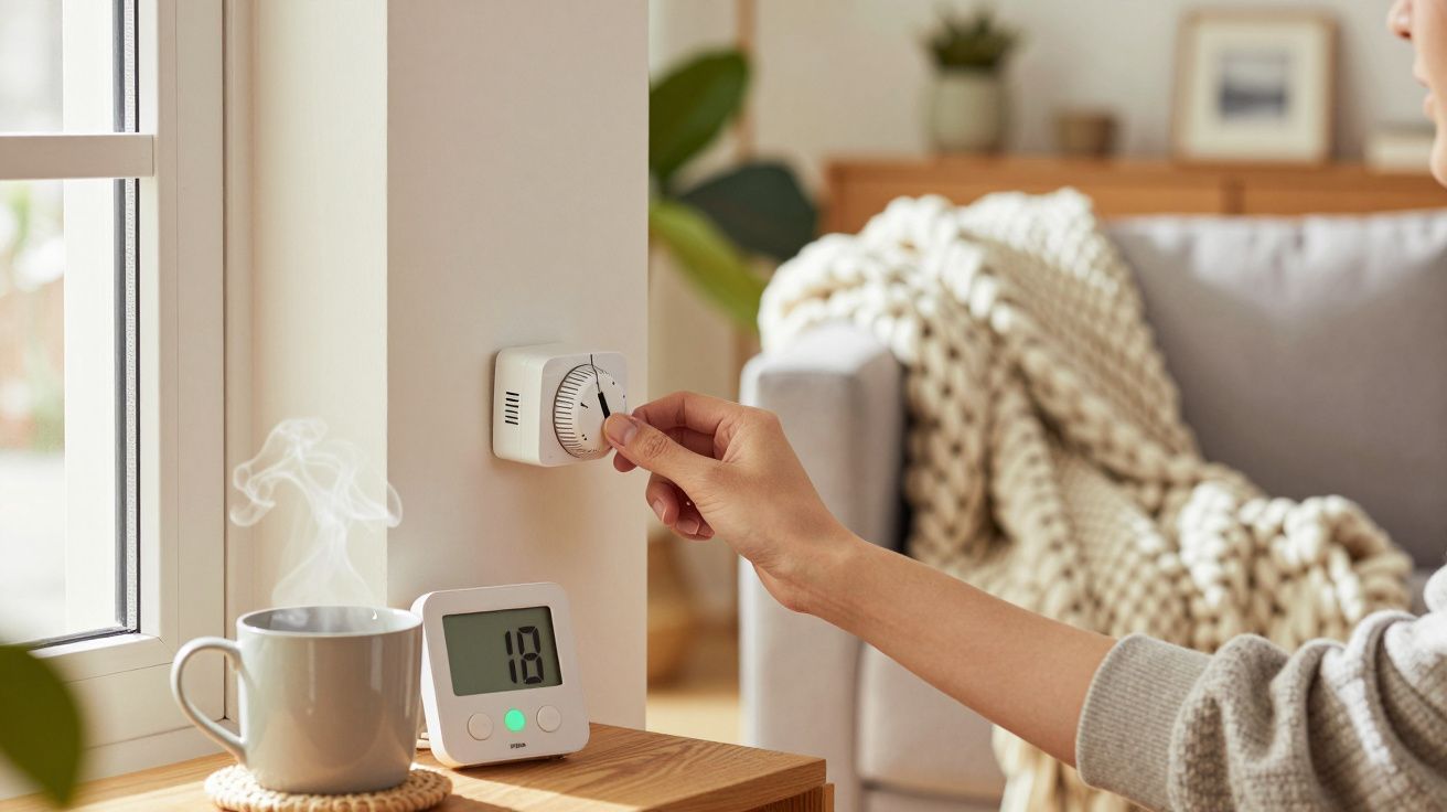 Pessoa ajusta termóstato na parede, com chá fumegante e monitor digital a mostrar 18, numa sala aconchegante.
