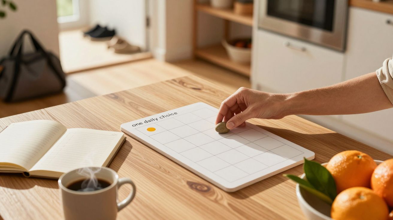 Mão coloca moeda em calendário sobre mesa de madeira com caderno, caneca de café e tigela de laranjas numa cozinha iluminada.