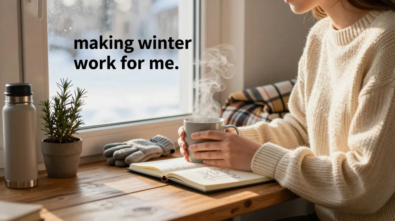 Mulher sentada à mesa, segurando uma chávena fumegante, ao lado de um caderno aberto, junto a uma janela.