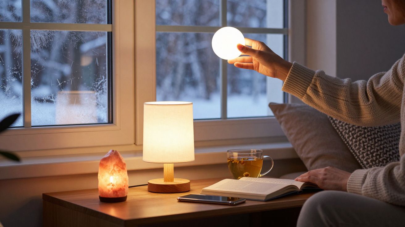 Ambiente acolhedor com luzes, chá e janela com neve; pessoa segura lâmpada junto a uma mesa com livro.