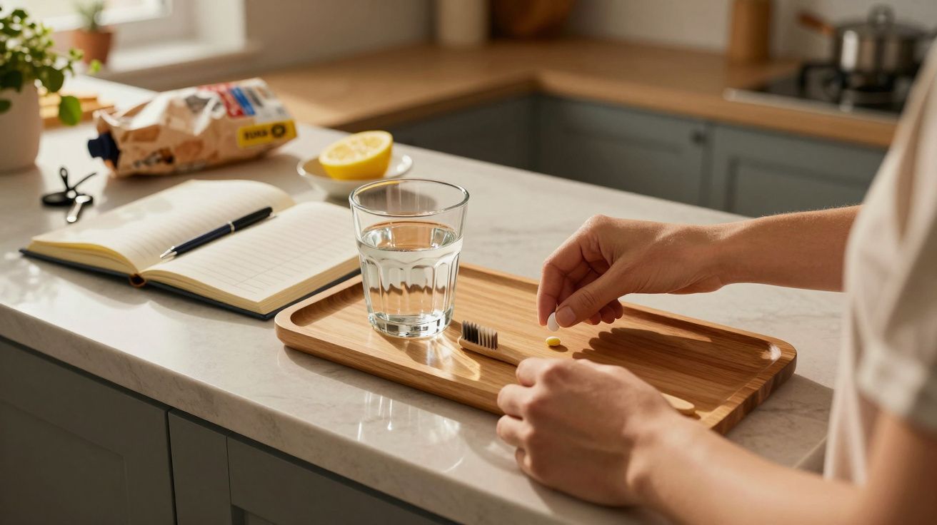 Pessoa em cozinha pega num comprimido em tabuleiro com copo de água, escova e caderno ao lado.