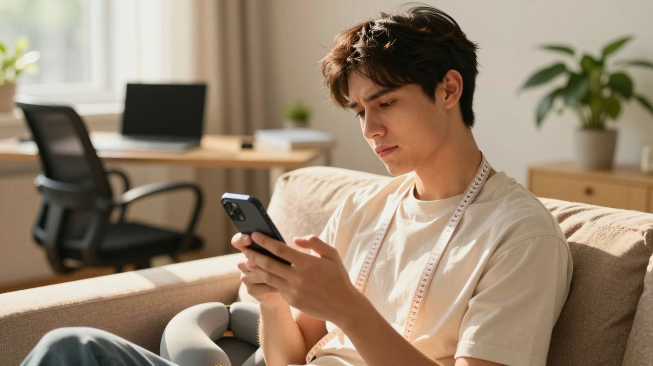 Jovem sentado num sofá a olhar para o telemóvel, com uma fita métrica ao pescoço, numa sala iluminada.