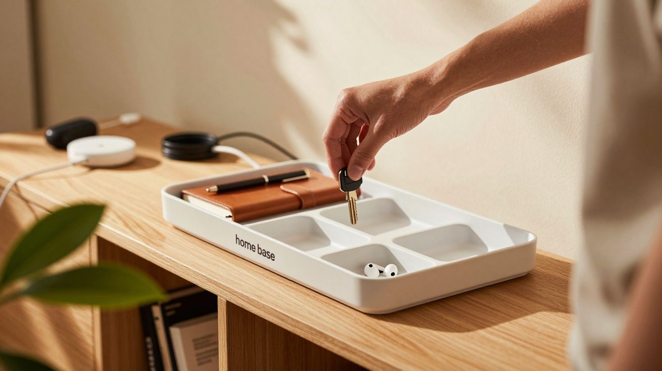 Mão coloca chaves numa bandeja organizadora branca sobre móvel de madeira, com fones e carteira ao lado.