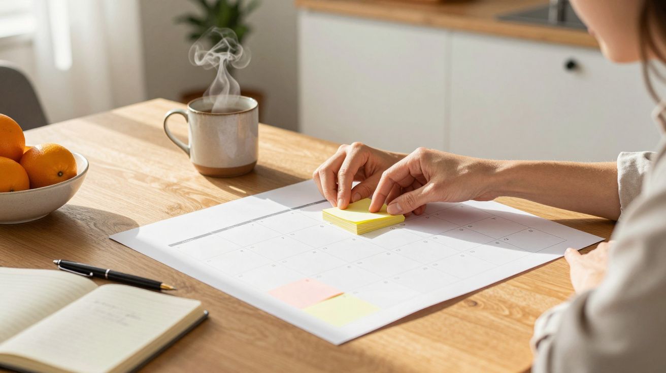Pessoa a colocar notas adesivas num calendário, com um bloco de notas, caneta e chá na mesa de madeira.