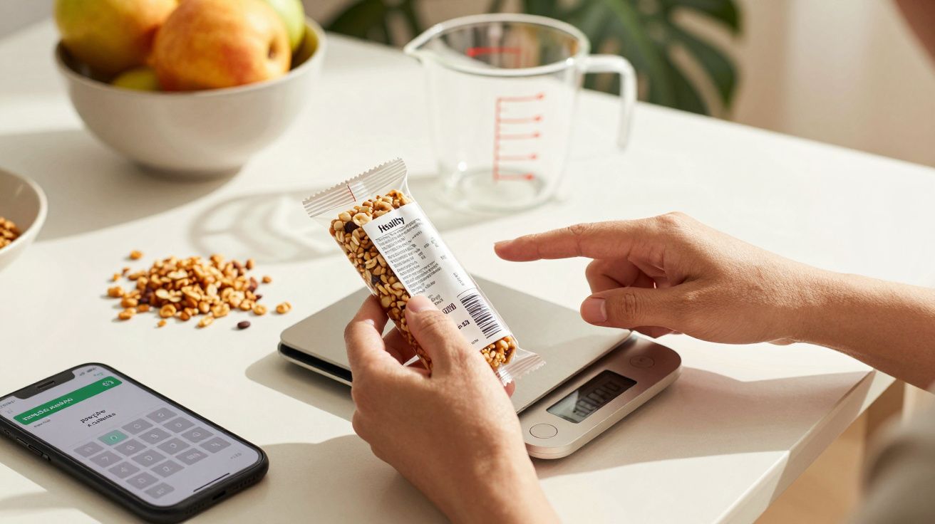 Pessoa segura barra de cereais sobre uma balança digital numa mesa com telemóvel, maçãs, medidor e amêndoas espalhadas.