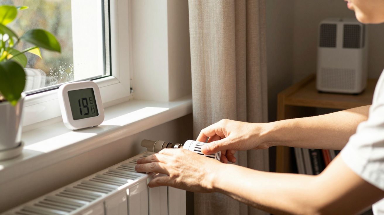 Pessoa ajusta termóstato de radiador junto a janela, medindo 19°C. Planta e desumidificador ao fundo.