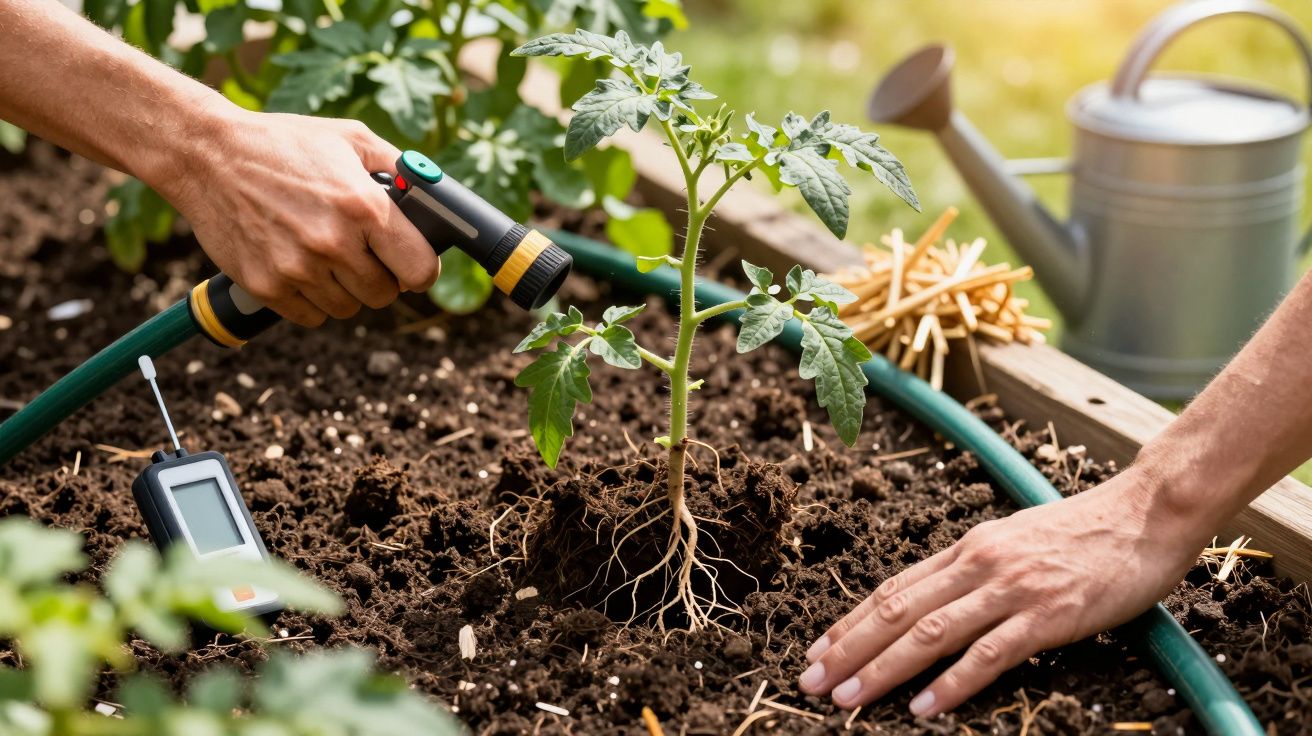 Mãos cuidam de uma planta de tomate, regando-a no jardim. Recipiente com água ao fundo e solo preparado.