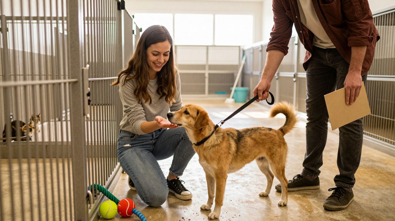 Mulher ajoelhada acaricia um cão numa coleira dentro de um canil, com brinquedos no chão e outra pessoa a segurar a trela.