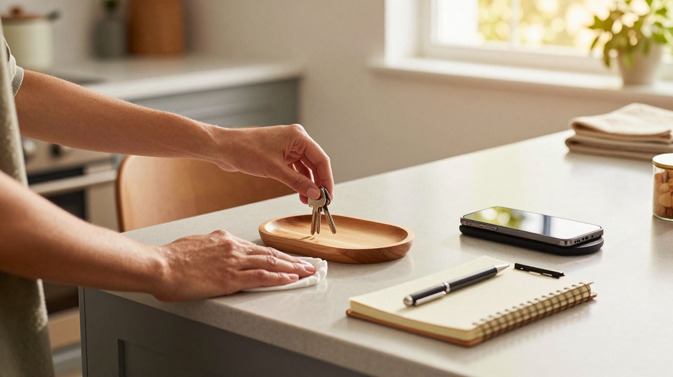 Pessoa coloca chaves numa bandeja de madeira numa bancada com caderno, caneta e telemóvel ao lado.