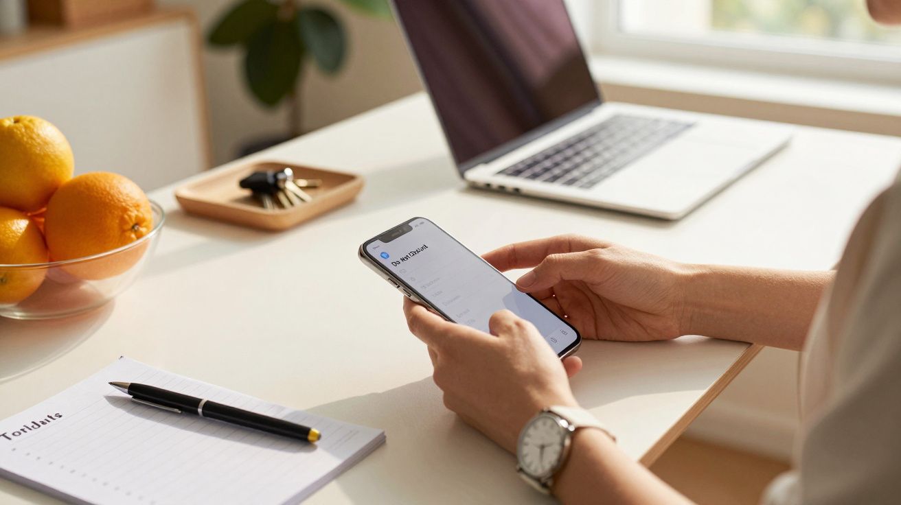 Pessoa com smartphone em mesa com portátil, bloco de notas e tigela de laranjas.