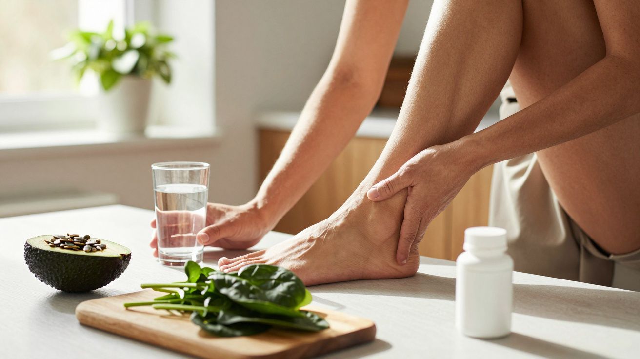 Pessoa massageia o tornozelo ao lado de um copo de água, abacate e espinafres numa bancada de cozinha iluminada.
