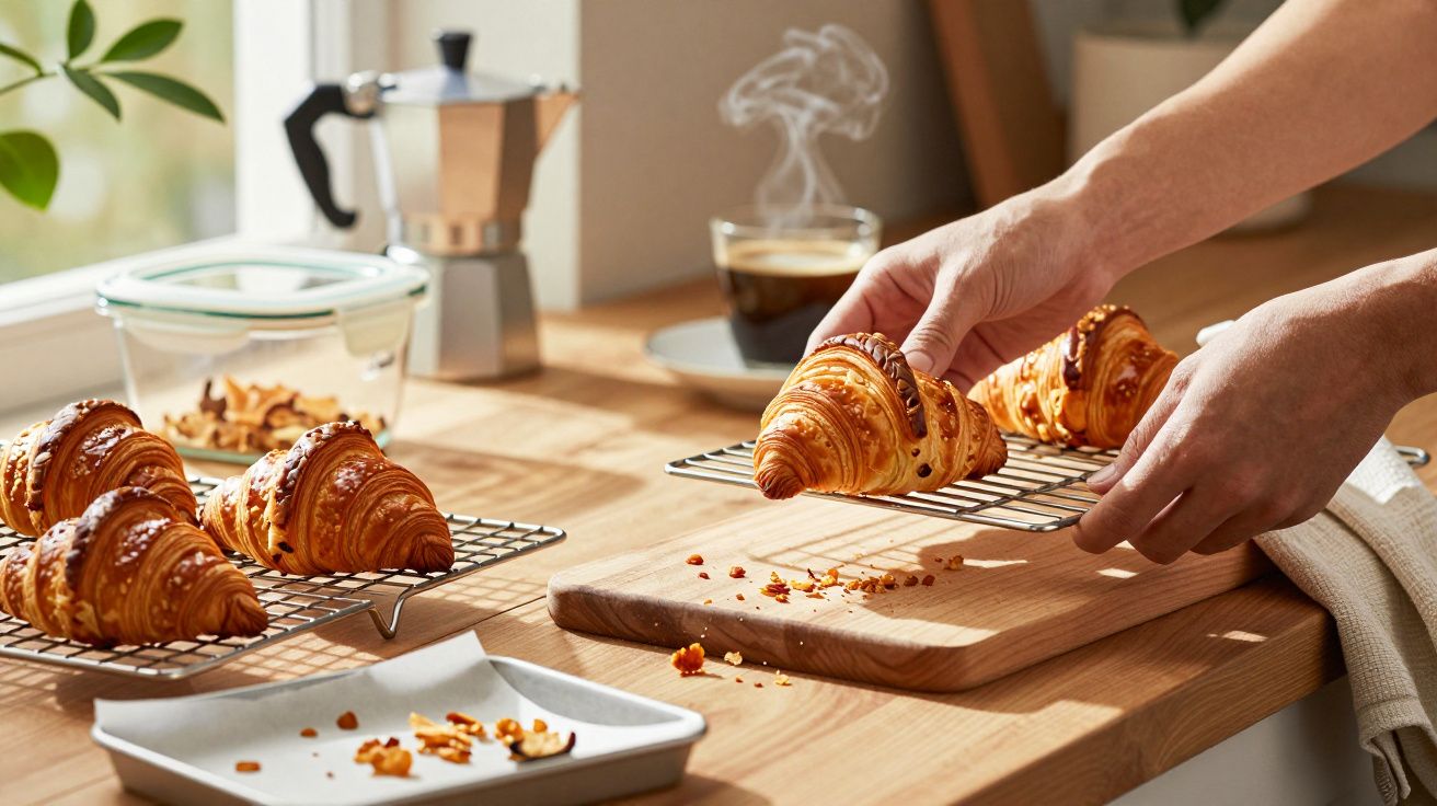 Mãos a colocar croissants dourados numa grelha sobre uma bancada de madeira, com café e cafeteira ao fundo.
