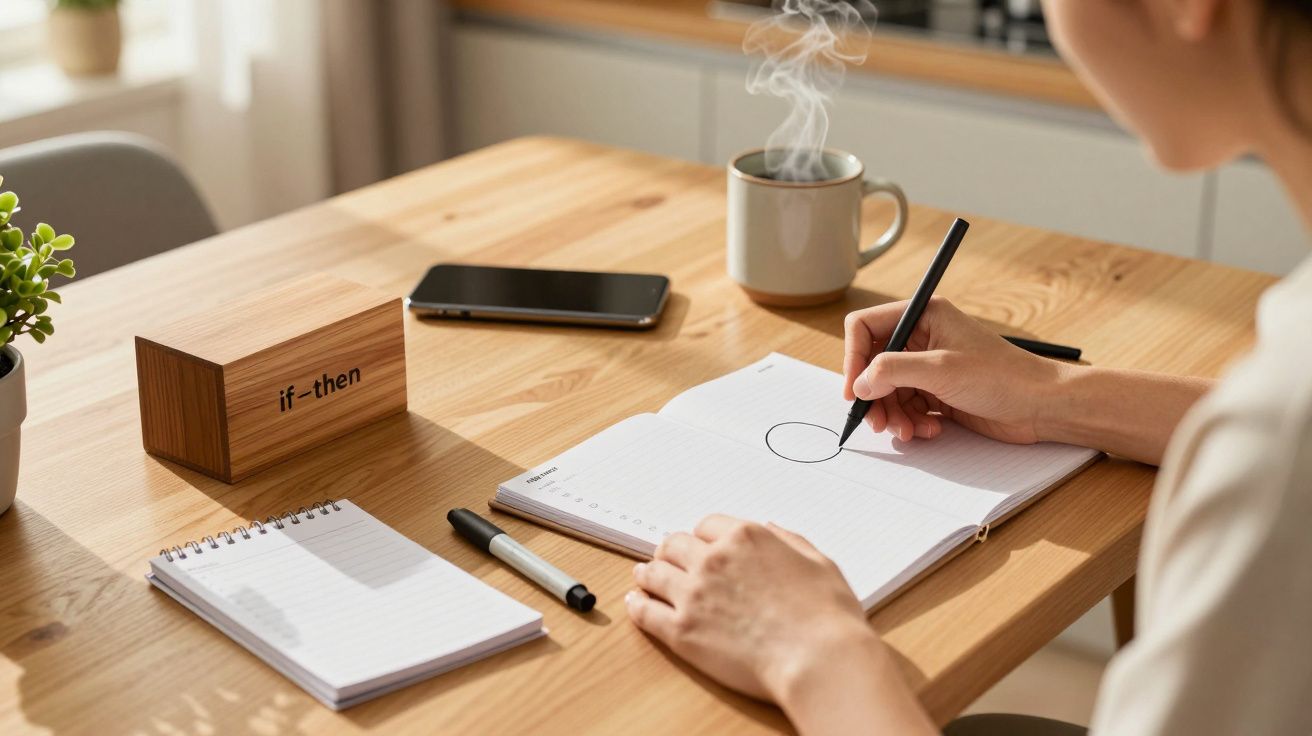 Pessoa desenha num caderno numa mesa de madeira, com bloco de notas, telemóvel, canecas e caixa com "if-then".
