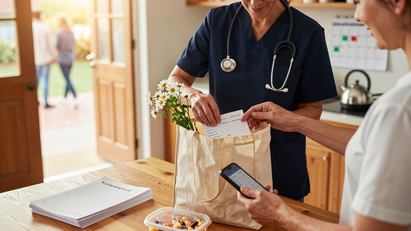 Duas pessoas organizam tarefas médicas numa cozinha. Uma com telefone e outra coloca flores e papéis num saco.
