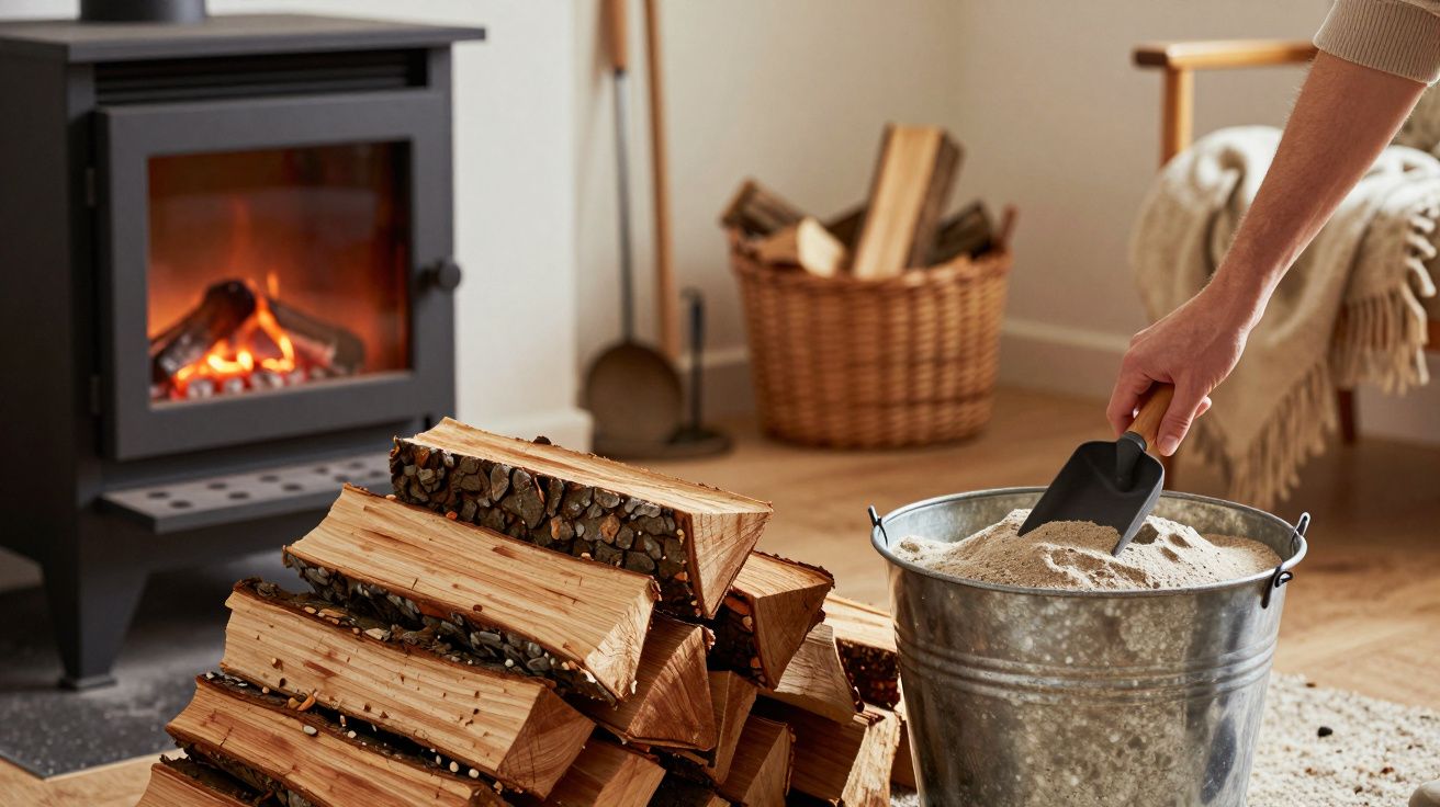 Lareira acesa com lenha empilhada, balde de cinzas ao lado e cesta ao fundo numa sala acolhedora.