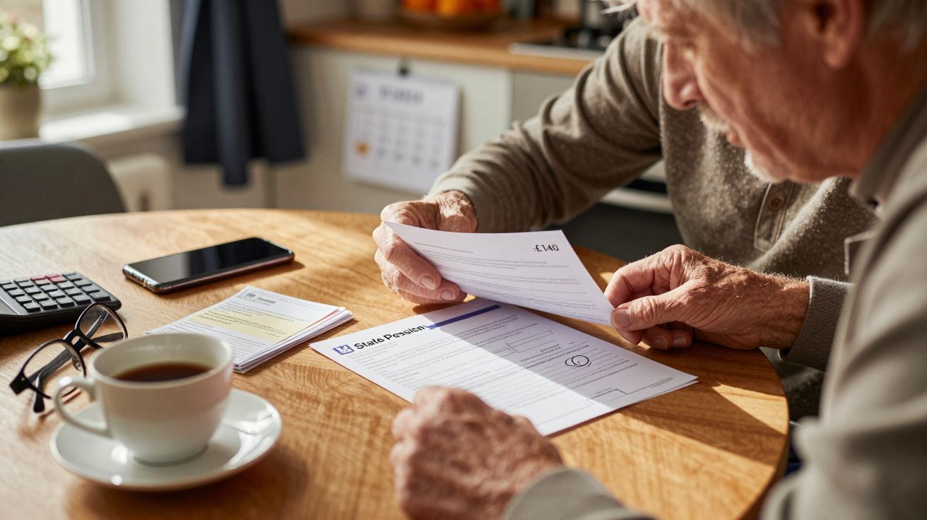 Homem idoso a ler documentos numa mesa com cafeteira, óculos e calculadora.