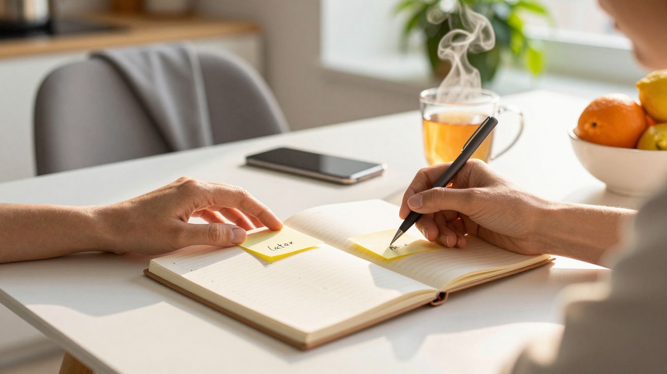 Duas pessoas escrevem num bloco de notas sobre uma mesa, com chá e frutas ao fundo.