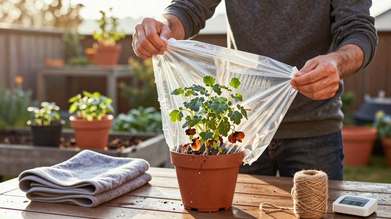 Pessoa cobrindo vaso de planta com plástico transparente numa mesa de jardim, rodeada de fios e objeto de medição.