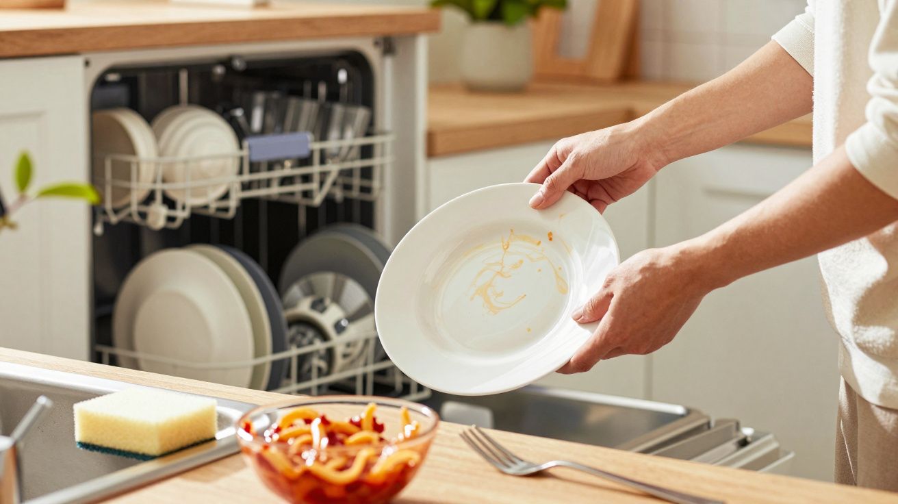 Pessoa a colocar prato sujo na máquina de lavar loiça numa cozinha moderna.