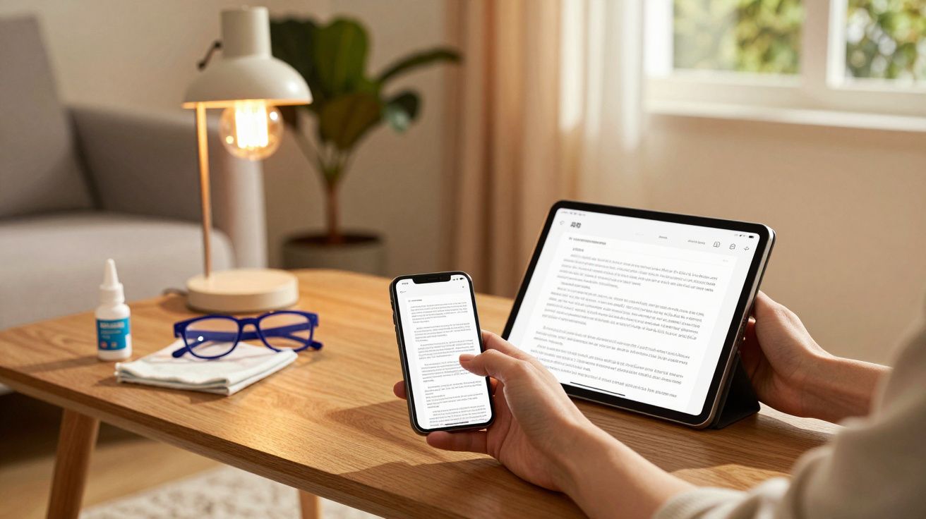 Pessoa usa tablet e smartphone numa sala de estar, com óculos e lâmpada sobre a mesa.