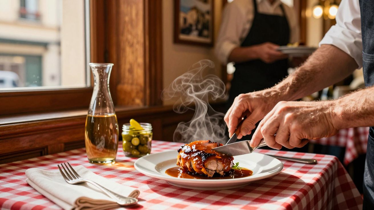 Pessoa corta carne suculenta com molho num restaurante acolhedor, mesa com toalha xadrez.