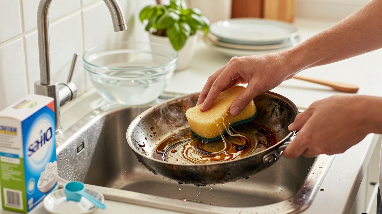 Pessoa a lavar uma frigideira suja na pia com uma esponja amarela e detergente, ao lado de uma planta e louça empilhada.