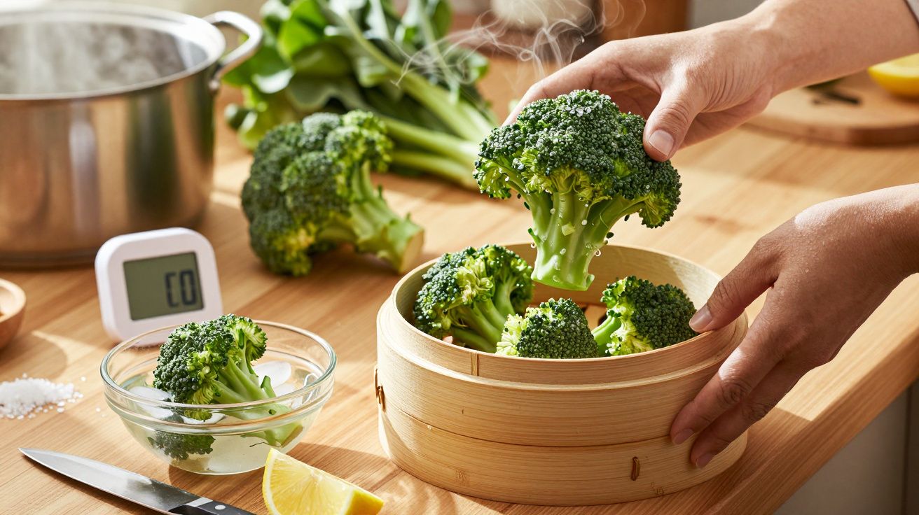 Mão colocando brócolos numa panela de vapor em cozinha, com panela e termómetro ao fundo.
