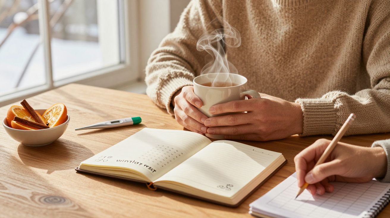 Pessoa segurando chá quente junto a um caderno aberto e lápis, com laranjas e termómetro na mesa de madeira.