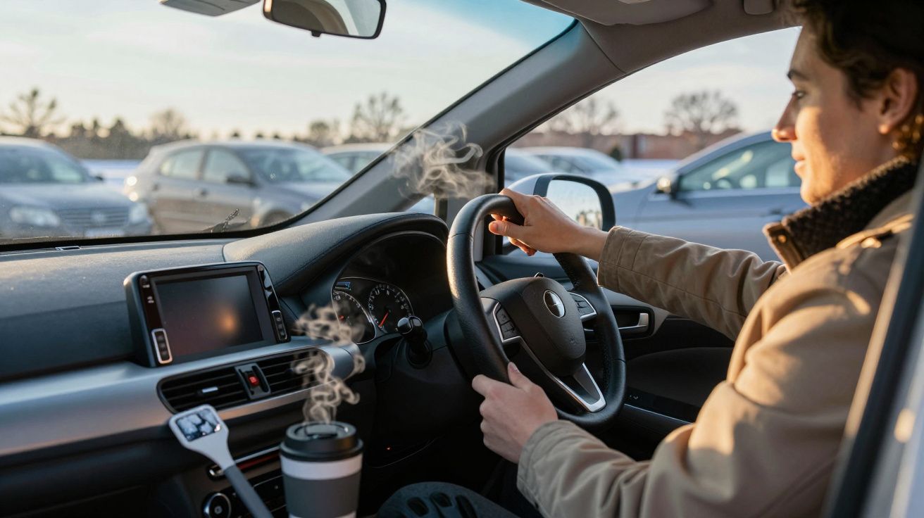 Pessoa a conduzir carro num parque de estacionamento, com fumo de bebida quente num suporte.